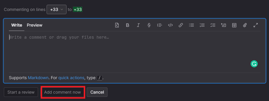 Click add comment now to submit a new comment in the GitLab UI.