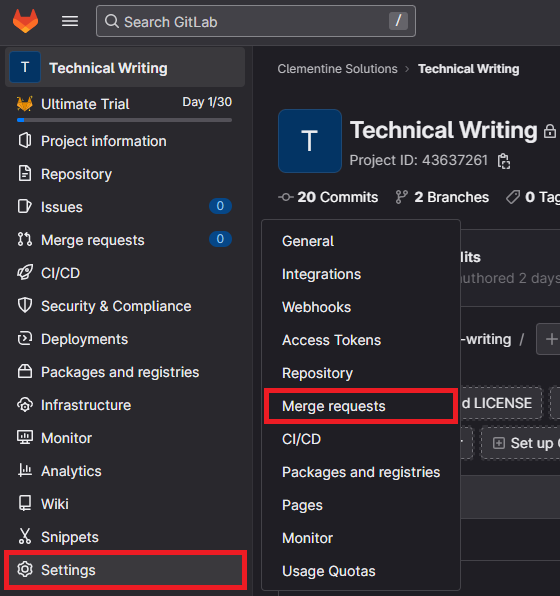 Select the Merge requests tab under Settings in the GitLab UI.